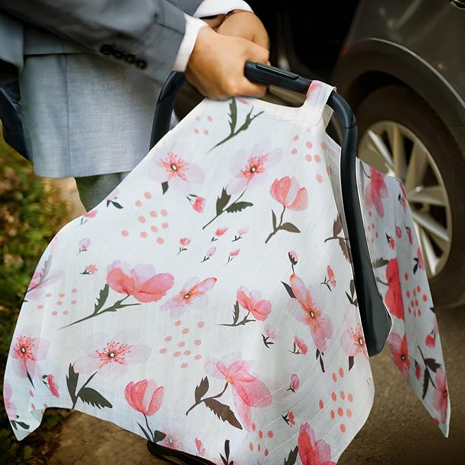 80S Muslin Car Seat Cover for Babies - Soft & Breathable Infant Carrier Canopy, Lightweight Sunshade for Summer, Universal Fit for Baby Boys & Girls-BubblyBeeBaby
