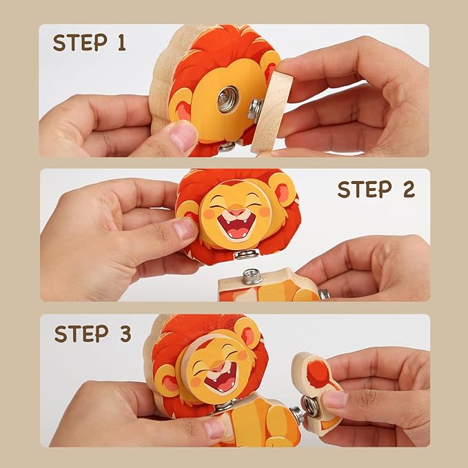 HUZU Animal Snap Wooden Building Blocks – Fun & Educational Puzzle Toy for Kids Aged 3-8, Features Cow, Bear, Lion and Turtle, Matching Game with Interchangeable Animal Faces & Emotions-BubblyBeeBaby