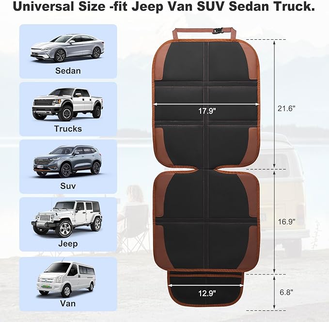 Car Seat Protector for Child, 2 Pack With Mesh Pockets & Non-Slip Backing 600D Durable Under Baby Seat Cover for Back Seat (Dark Brown, Standard)-BubblyBeeBaby