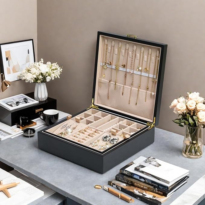 2-layer jewelry box，Jewelry Organizer with Handle，with hanging necklace hooks, detachable jewelry trays, suitable for storing a large amount of jewelry gift box (Large-Black)-BubblyBeeBaby