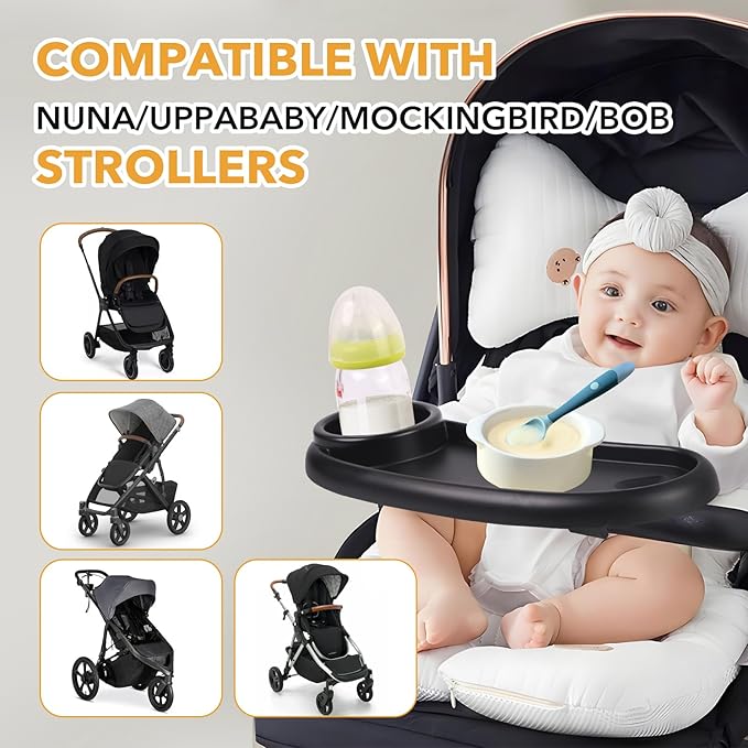 Snack Tray Compatible with Mockingbird,Nuna,Evenflo Stroller,Adjustable Stroller Snack Tray with Cup Holder and Phone Holder, Stroller Accessories Black-BubblyBeeBaby