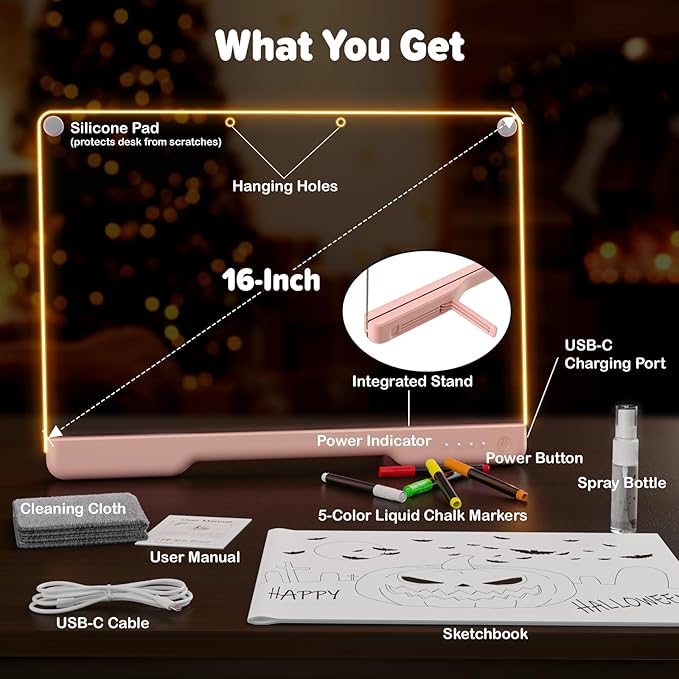 16-Inch Rechargeable Doodle Glow LED Note Board, 7-Color Light Modes, Neon Art Dry Erase Light Up Drawing Pad with Built-in Stand, Sketching Gift Toy for Kids/Girls/Teens, 5 Markers & Tracing Book-BubblyBeeBaby