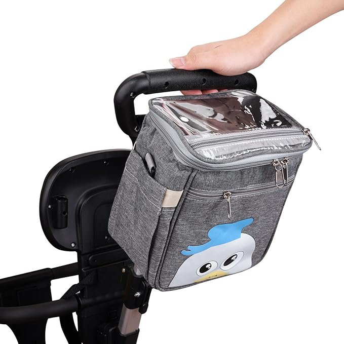 Baby Stroller Organizer Bag，Small Diaper Bag - Universal Stroller Organizer With Insulated Cup Holder,Pocket With Baby Wipes Dispenser，Adjustable Shoulder Strap(Deep Grey)-BubblyBeeBaby