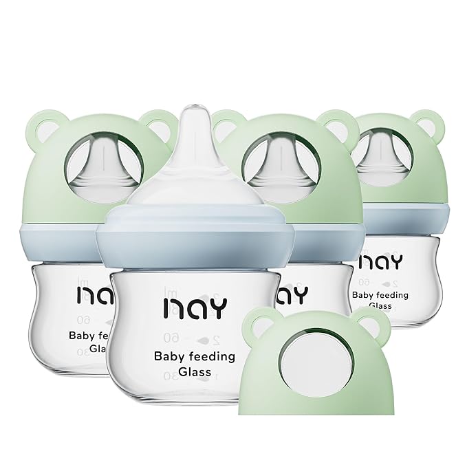 Natural Glass Baby Bottle for Breastfeeding Babies, 3oz Newborn Anti-Colic Baby Bottle with Slow Flow Nipples (SS), Clear, Wide Neck, 4 Pack, 0 Months+-BubblyBeeBaby