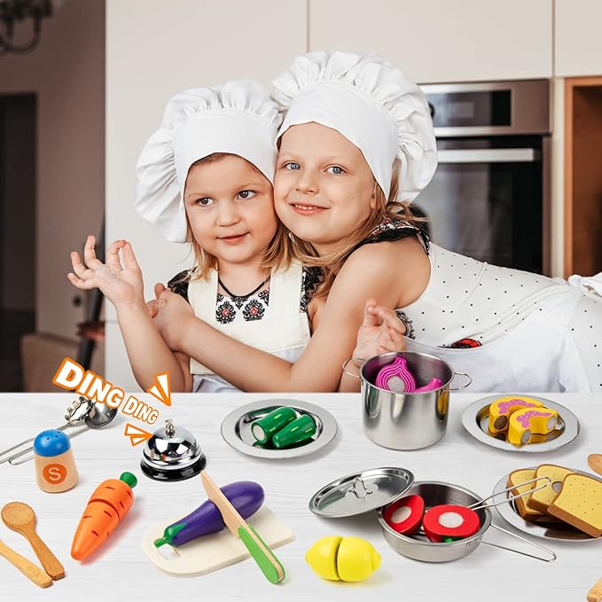 Juboury Pretend Play Kitchen Set - Toy Kitchen Accessories with Stainless Steel Cookware Pots and Pans, Plates, Cooking Utensils, Kids Chef Coat & Hat, Wooden Play Food for Kids, Girls, Boys, Toddlers-BubblyBeeBaby
