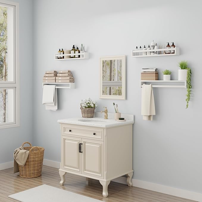 Heimlove Nursery Floating Shelves, White Nursery Book Shelves for Wall, 24 inch Wall Bookshelf for Kids Solid Wood Wall Mounted Shelves for Books,Toys and Decor Storage, Set of 3-BubblyBeeBaby