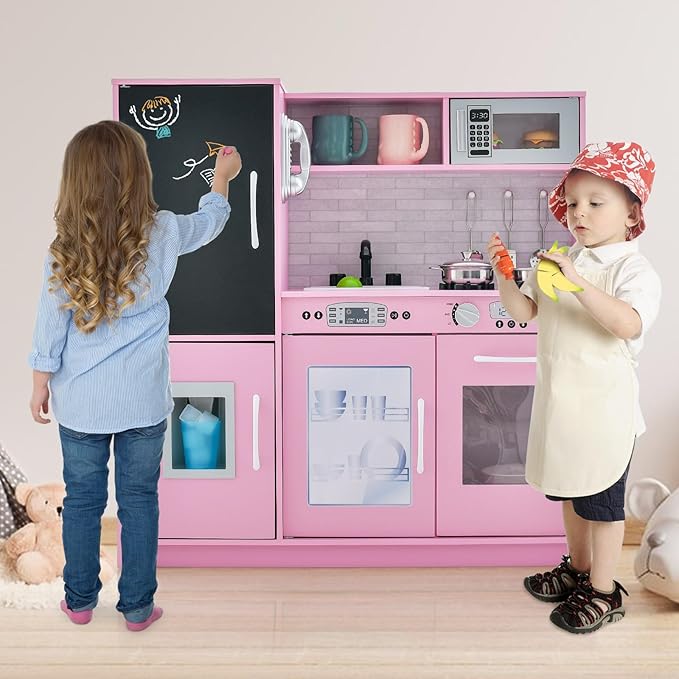 HONEY JOY Pink Kids Kitchen Playset, Wooden Little Chef Pretend Toy Kitchen Set w/Chalkboard, Telephone, Utensils, Oven, Microwave, Sink, Play Kitchen for Toddlers, Gift for Boys Girls, Pink-BubblyBeeBaby