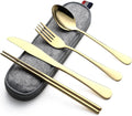 DEVICO Camping Utensils, Portable Travel Utensils with Case, Stainless Steel Reusable Silverware for Lunch Adult, 5Pcs Cutlery Set Includes Knife Spoon Fork Chopsticks and Case (Gold)