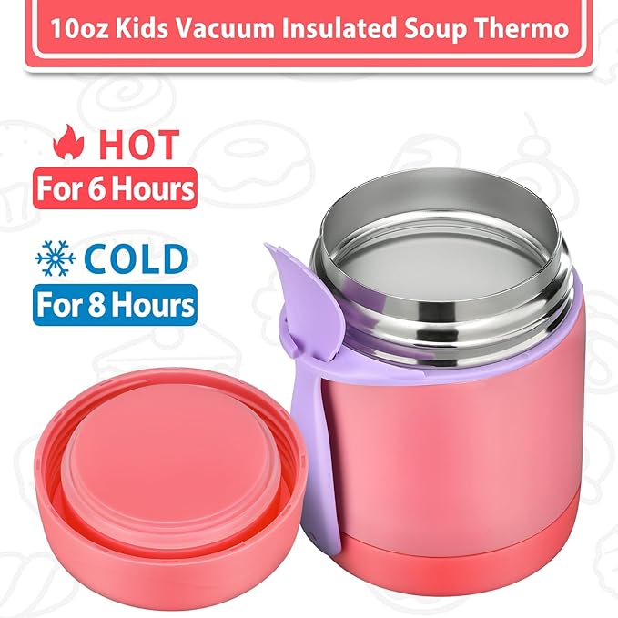 10oz Soup Thermo for Hot Food Kids,Lunch Thermo Kids Food Jar with Spoon Hot Insulated Food Containers,Leak Proof Stainless Steel Wide Mouth Lunch Food Thermo Jar for School(Pink)-BubblyBeeBaby