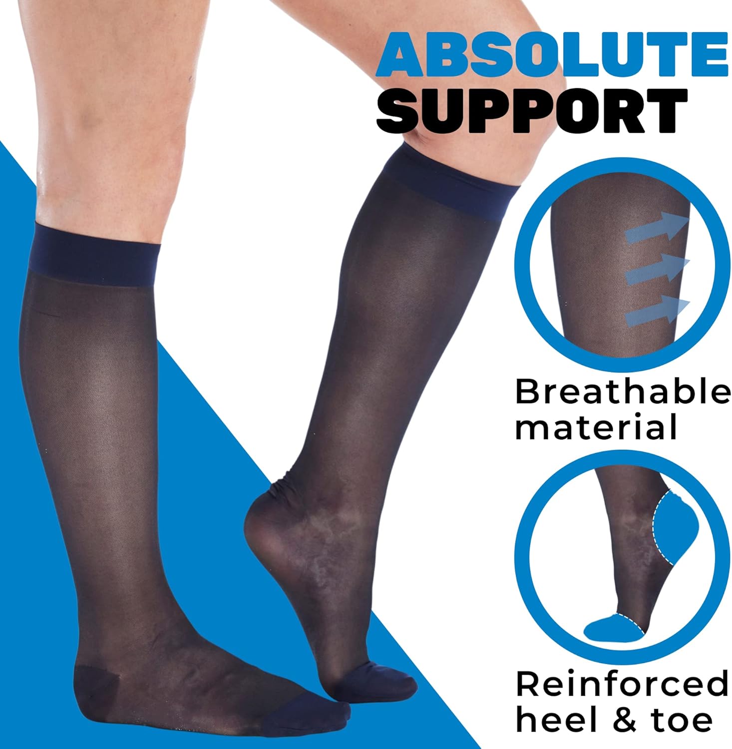 (3 Pairs - Closed Toe) Made in USA - Sheer Compression Socks for Women 15-20mmHg - Compression Stockings for Varicose Veins Circulation, Thrombosis, Embolism - Navy, Medium - A101NV2-3