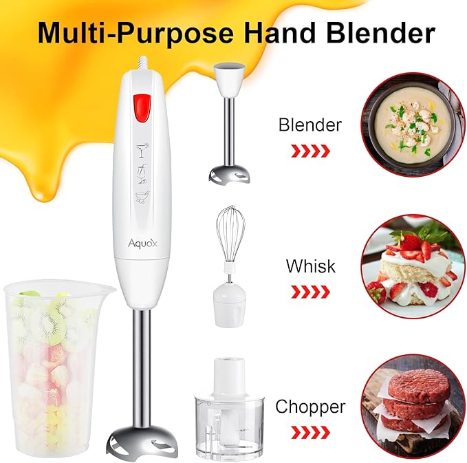 Immersion Blender 4 in 1, 16000rpm Speed, 400W Turbo Motor & Ergonomic Grip Hand Blender Set, Splash-Proof Stainless Steel Blades, for Soup, Baby Food, Smoothies, Sauce (Red+Ivory)-BubblyBeeBaby