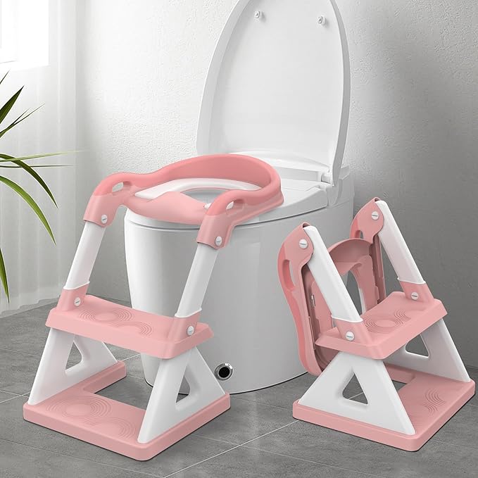 2 in 1 Potty Training Toilet Seat & Toddler Step Stool, Bottom Triangle Stability Toddler Toilet Seat, Adjustable Step & Seat Height Potty Seats for Toddlers Boys Girls (Pink)-BubblyBeeBaby