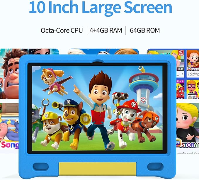JREN Kids Table 10.1" ｜Android 14 Tablet for Kids｜64GB Storage｜Octa-Core｜WiFi ｜Cameras｜Parental Control｜Kids Content｜Case Included Great Gift for Children Ages 3-12 Years Old Blue-BubblyBeeBaby