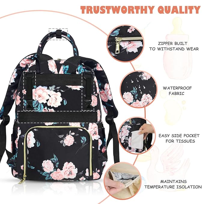 Baby Diaper Bag Backpack, Travel Diaper Bags for Girl Boy Large Capacity Baby Bag Backpack for Women Black Floral-BubblyBeeBaby