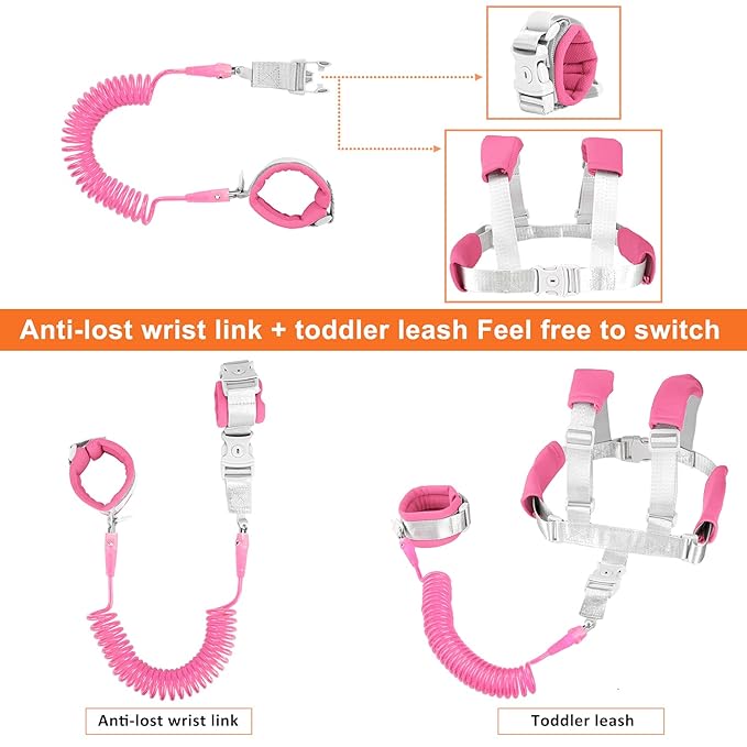 2 in 1 Toddler Leash Anti Lost Wrist Link Pink Safety Harness with Lock for Kids, Baby Leash Anti Lost Wrist Link Safety Wrist Link for Toddlers(Pink 8.2 Ft) …-BubblyBeeBaby