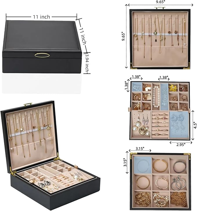 2-layer jewelry box，Jewelry Organizer with Handle，with hanging necklace hooks, detachable jewelry trays, suitable for storing a large amount of jewelry gift box (Large-Black)-BubblyBeeBaby