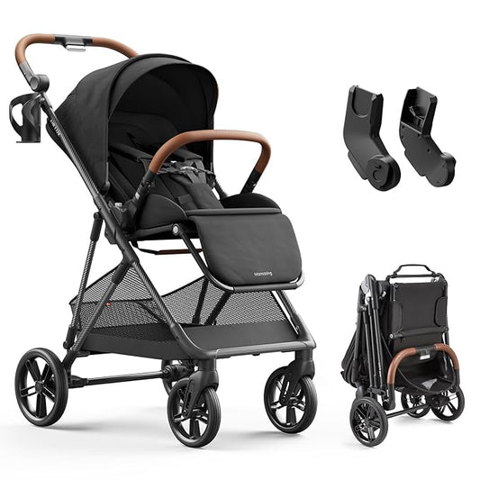 Air Lux Baby Stroller with Carbon Fiber Frame, One-Hand Fold & Reversible Seat, Magnetic 5-Pt Harness, Car Seat Adapter, 15.8lbs, Meteorite-BubblyBeeBaby