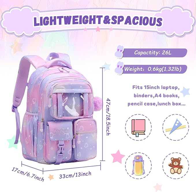 Kids Backpack for Girls - School Bags for Middle School Students - Book Bag for Elementary Primary - Kawaii Ita Backpack - Purple-BubblyBeeBaby