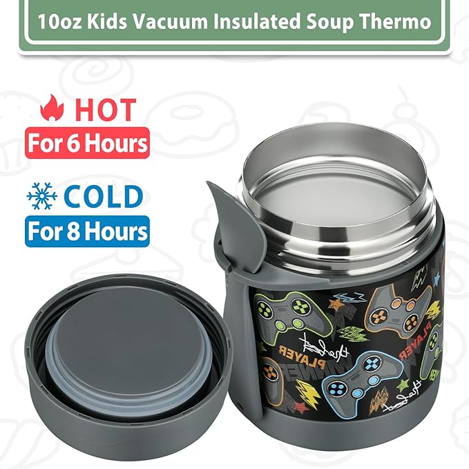 10oz Soup Thermo for Hot Food Kids,Lunch Thermo Kids Food Jar with Spoon Hot Insulated Food Containers,Leak Proof Stainless Steel Wide Mouth Lunch Food Thermo Jar for School(Black-Game Console)-BubblyBeeBaby