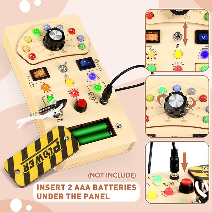 Joyreal Toddler Busy Board, Wooden Montessori Busy Board Sensory Board with LED Light Switch, Sensory Toys Baby Fidget Board Travel Toys for Toddler-BubblyBeeBaby