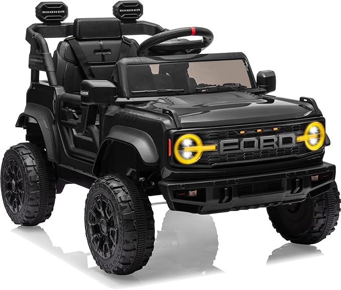 12V Ride on Toys for Kids, Licensed Ford Bronco Raptor Children Electric Vehicles, Toddler Battery Powered Car with Double Doors, 3 Point Safety Belt, Led Lights (12V, Black)-BubblyBeeBaby