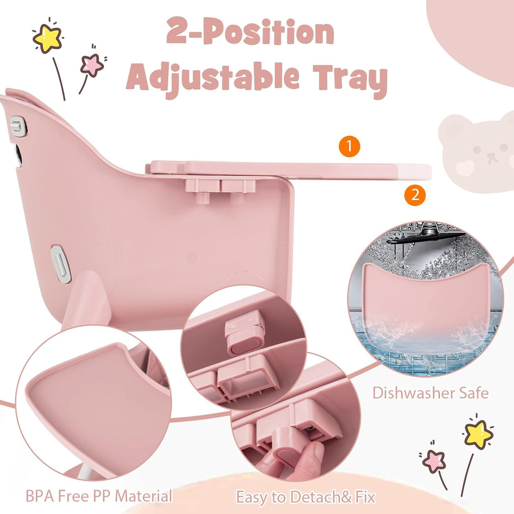 HONEY JOY 5-in-1 High Chair, Convertible Highchair for Babies and Toddlers/Kids Chair Table Set/Infant Feeding Chair w/Safety Harness, PU Leather Cushion & Removable Food Tray (Pink)