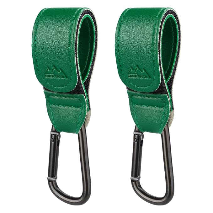 Baby Stroller Hooks Bag Hooks for Hanging Diaper Bags Multipurpose Hooks for Grocery Shopping Bags Premium Vegan Leather Pram Straps 2 Pcs (Green)-BubblyBeeBaby
