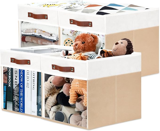HNZIGE Fabirc Storage Cube Bins 13x13x15 Storage Cube Bins, 4 Pack Foldable Decorative Clear Cube Storage Bins for Cube Organizer Canvas Cubby Storage Organizer Bins for Shelves Pantry- White Beige-BubblyBeeBaby