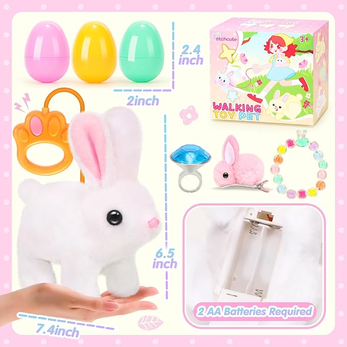 Hopping Plush Bunny Easter Interactive Toys for Kids,Can Wagging Tail and Twitching Nose with Remote Control Leash,Easter Eggs and Decorations,Easter Christmas Birthday Gift for Toddlers-BubblyBeeBaby