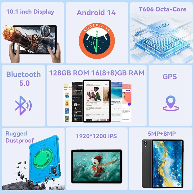 HUIHUANG Tablet 10 Inch Android 14 Tablet, 16GB RAM 128GB ROM, 1TB Expansion, Octa-core, Large Capacity Battery, 5MP + 8MP Dual Camera, 5G/2.4G WiFi, Bluetooth 5.0, GPS, Drop-Proof Case (Blue)-BubblyBeeBaby