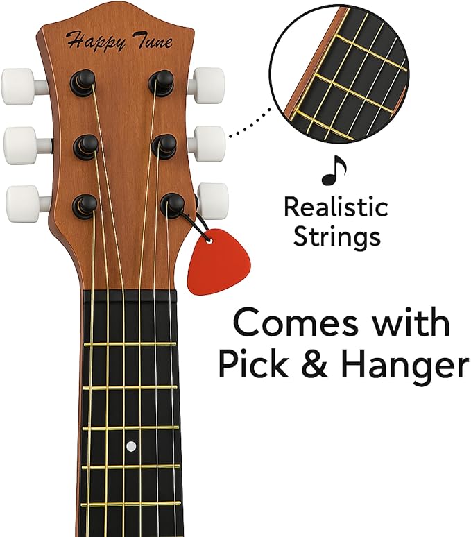 23" Acoustic Guitar, Kids 6 String Toy Guitar - Realistic Steel Strings - Beginner Practice First Musical Instrument for Children, Toddlers (Brown)-BubblyBeeBaby