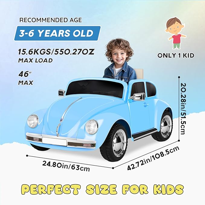 12V Kids Electric Car, Power Wheels with Remote Control, Ride on Car Toys with LED Light, 3 Speeds, Music, Blue-BubblyBeeBaby