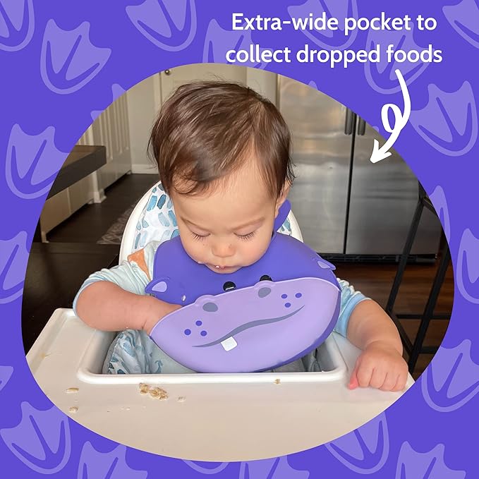 Silly Goose Set of 2 Silicone Animal Baby Bibs for Babies and Toddlers, Waterproof, Adjustable, Soft, Extra Wide Food Catcher Pocket (2PK Hippo+Bear)-BubblyBeeBaby