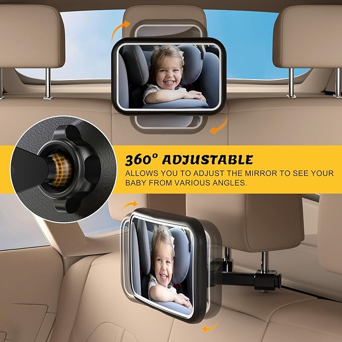 Baby Car Mirror with Light, 7 RGB Light Rear Facing Baby Car Seat Mirror with Remote Control Rechargeable 360° Rotation Hook Clip Design Wide View Shatterproof-BubblyBeeBaby