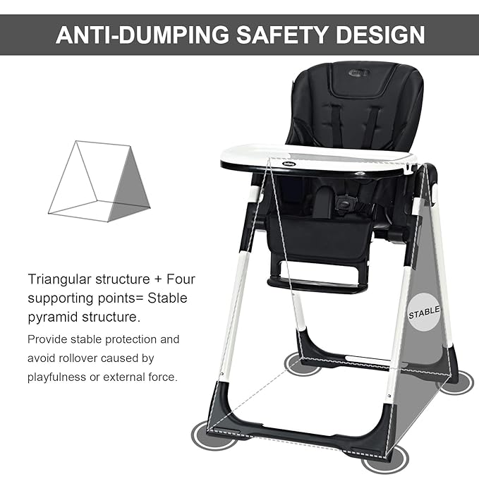 INFANS High Chair for Babies & Toddlers, Foldable Highchair with Multiple Adjustable Backrest, Footrest and Seat Height, Removable Tray, Detachable PU Leather Cushion, Built-in Rear Wheels (Black)-BubblyBeeBaby