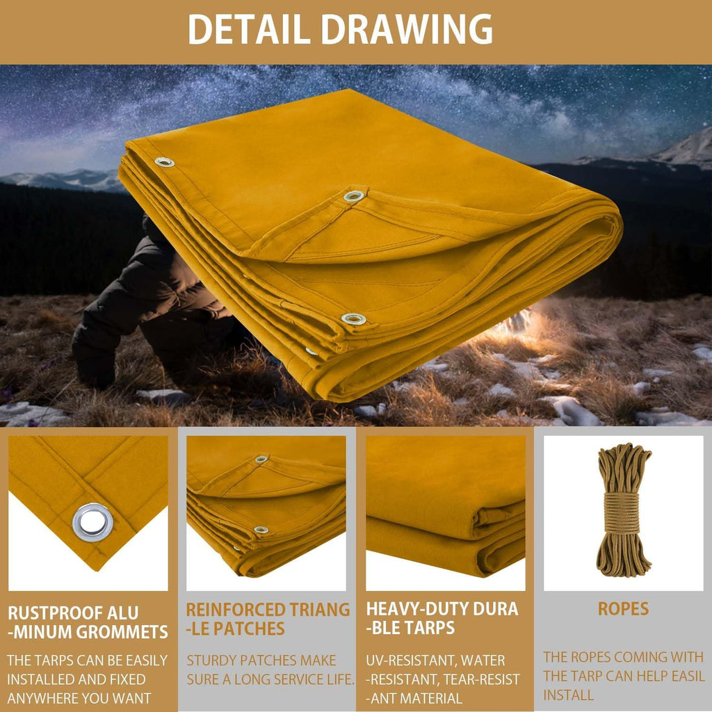 FoundGo 12x24ft Canvas Tarp 22 Mil Tarps 14 oz Canvas Tarpaulin Heavy Duty Cloth Water/UV Resistant Cover with Rustproof Grommets & Ropes for Cars,Roofs,Boats,Camps,Sunshades，Moisture Barrier -Tan