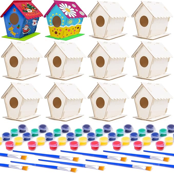 hapray 12 Pack Bird House Kit, DIY Birdhouse Kits, Wooden Crafts Arts for Children to Build and Paint (Includes Paints & Brushes) for Kids Girls Boys Toddlers Christmas Gift-BubblyBeeBaby