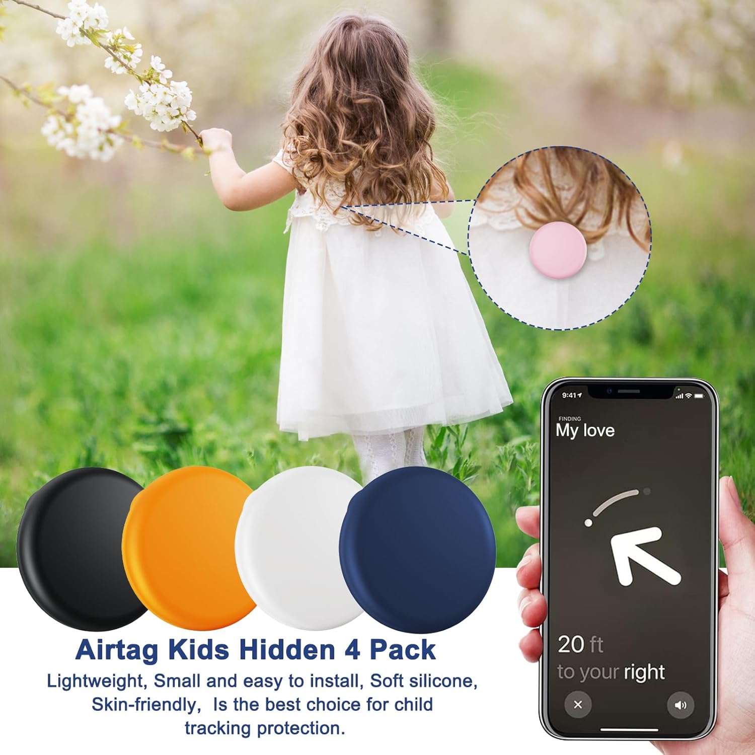 Compatible for Air Tags-4 Pack Apple Kids Hidden, for Airtag Holder for Kid, for AirTag Hidden Kids Holder with Invisible Pin, Anti Lost, for Kid, Elderly,Luggage,Clothing(Black Navyblue Orange White)