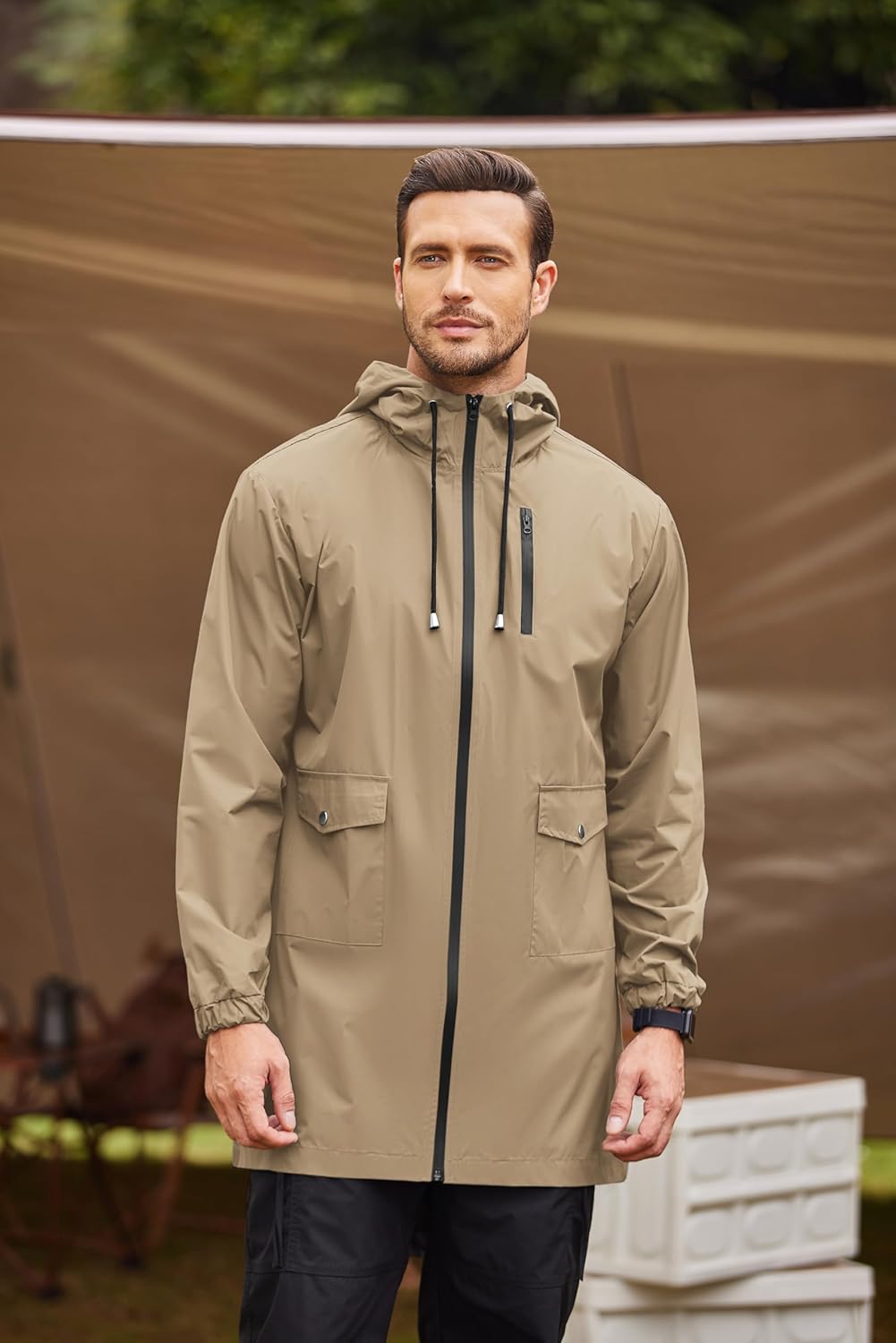 COOFANDY Men's Long Raincoat Ligtweight Rain Jacket Waterproof Outdoor Jackets with Hood