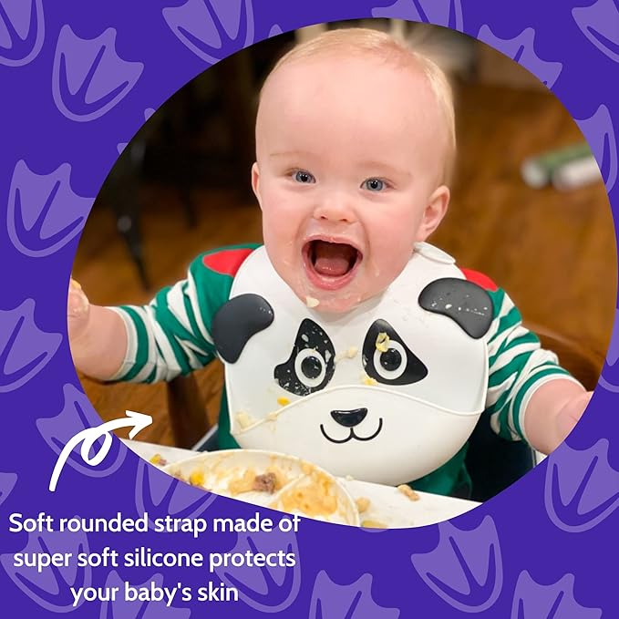 Silly Goose Set of 2 Silicone Animal Baby Bibs for Babies and Toddlers, Waterproof, Adjustable, Soft, Extra Wide Food Catcher Pocket (2PK Panda+Bear)-BubblyBeeBaby