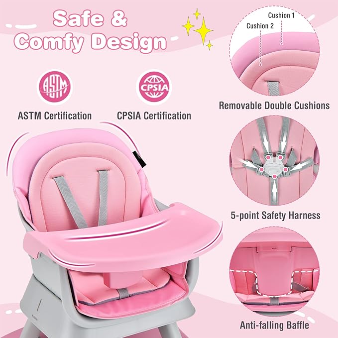 HONEY JOY 8 in 1 Baby High Chair, Convertible Highchair for Babies and Toddlers/Table and Chair Set/Building Block Table/Booster Seat/Stool/Toddler Chair with Safety Harness (Pink)-BubblyBeeBaby