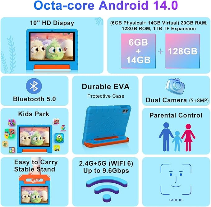 2025 Kids Tablet 10 inch Android 14 Tablets for Kid Octa-Core, 20GB+128GB (TF 1TB), Toddler Tablet with Shockproof Case, 2.4G+5G WiFi 6, Parental Control, Face Unlocked, Split Screen, BT5.0 (Blue)-BubblyBeeBaby