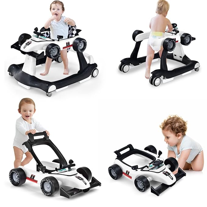 HONEY JOY 4-in-1 Baby Walker, Activity Push Walker w/3 Adjustable Heights, Smooth Wheels w/Adjustable Speed, Padded Seat, Music & Light, Foldable Car Walker for Baby Boys Girls Age 6 Months+ (White)-BubblyBeeBaby