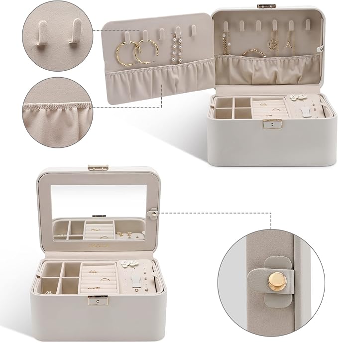 KAMIER Jewelry Box, 2 Layers PU Leather Jewelry Organizer Box, Large Capacity, Double Lock and Large Mirror, Hidden Necklace Hooks, Removable Dividers, Grey-BubblyBeeBaby