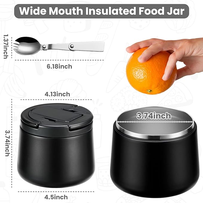 14oz Insulated Vacuum Food Jar with Buckle Lid,Soup Thermo for Hot Food Kids,Wide Mouth Leakproof Stainless Steel Lunch Container with Spoon-Black-BubblyBeeBaby