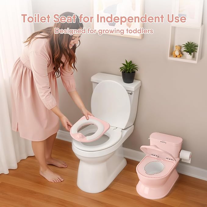 2-in-1 Toddler Potty Training Toilet - Larger Potty Chair & Detachable Training Seat for Boys & Girls Ages 1-3 with Flushing Sound, Wipes Storage, Toilet Paper Holder-BubblyBeeBaby