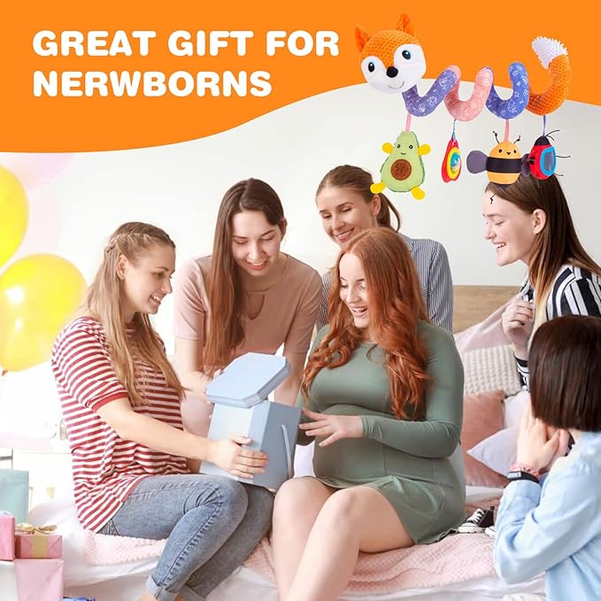 Jollybaby Baby Car Seat Stroller Toys, Plush Activity Hanging Spiral Activity Pram Crib with Music Box, Rattles, Squeaker for Babies Infant Boys Girls(Orange Fox)-BubblyBeeBaby
