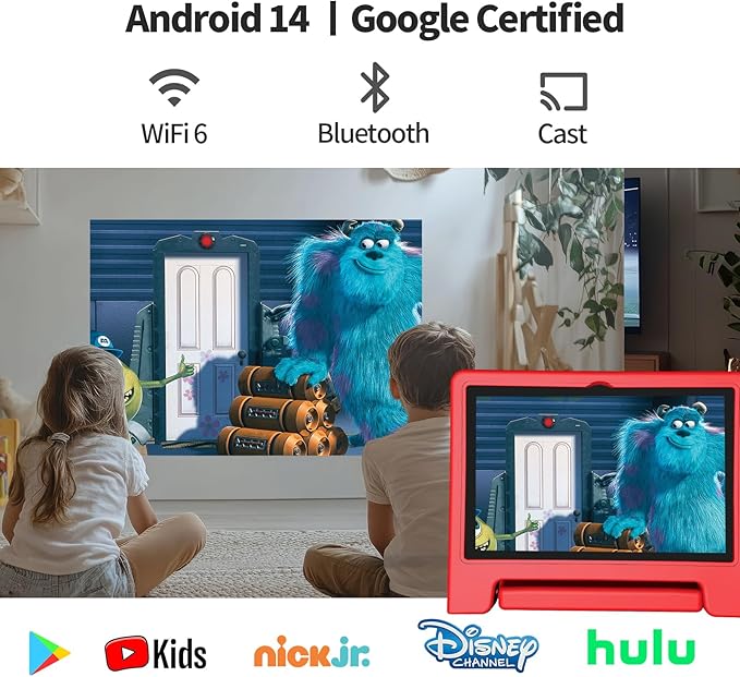 JREN Tablet for Kids｜10 Inch Kids Tablet Android 14｜Octa-core｜64GB｜WiFi ｜Bluetooth｜Parental Control｜Children Content｜Children Toddler Red-BubblyBeeBaby