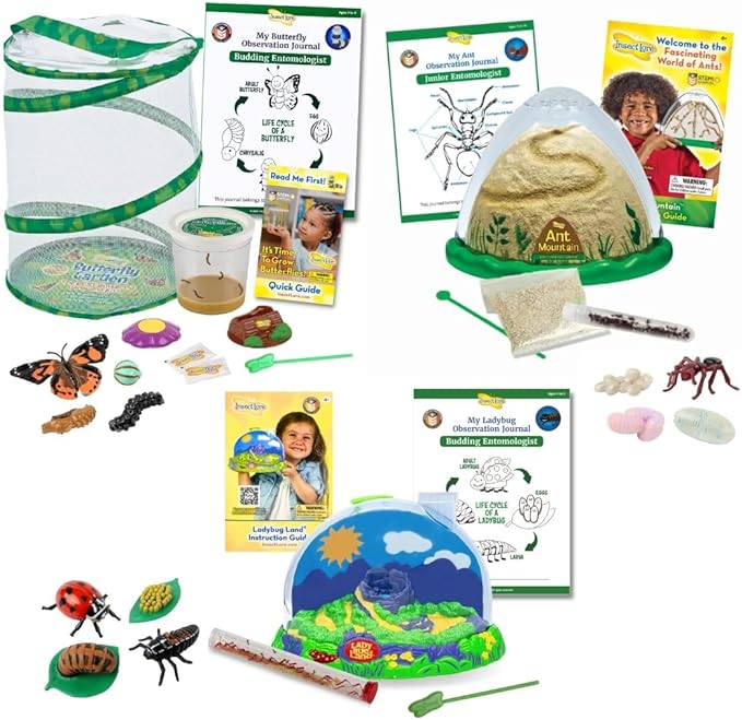 Insect Lore Bug Camp Bundle - Butterfly Kit with 5 Live Caterpillars, Ladybug Land with 1 Tube Live Larvae, Ant Mountain with 1 Tube Live Western Harvester Ants - Bonus Life Cycle Figurines & More-BubblyBeeBaby