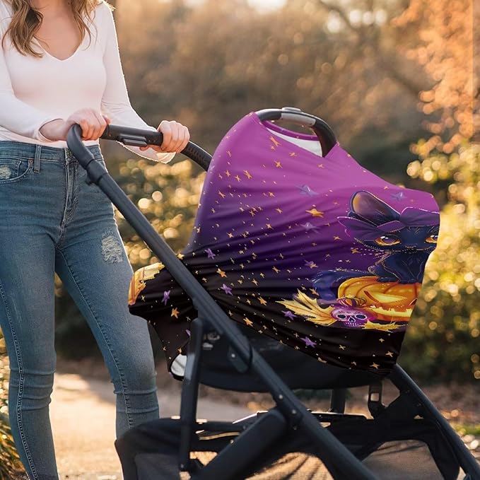 Binienty Black Cat Car Seat Covers for Babies Galaxy Pumpkin Cats Moon Nursing Covers Stretchy Breastfeeding Scarf Multi Use Carseat Covers for Stroller-BubblyBeeBaby